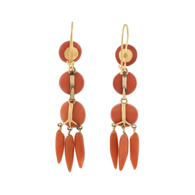 Victorian 14kt Carved Natural Coral Dangling Earrings