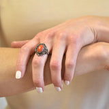 Vintage Continental Silver Marcasite + Coral Cabochon Ring