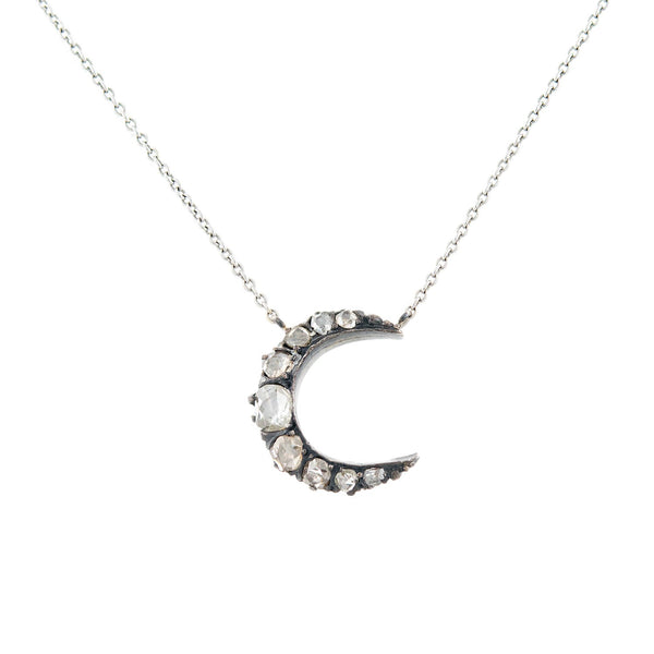 Victorian 14k & Sterling Diamond Crescent Moon Necklace .85ctw