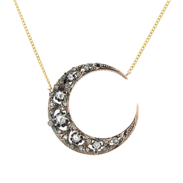 Victorian Conversion 18kt/Sterling Rose Cut Diamond Crescent Moon Necklace