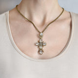 Art Deco Brass + Glass Large Cross Pendant Necklace