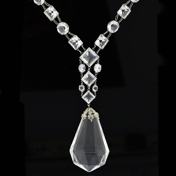 Late Art Deco Sterling Silver Faceted Crystal Necklace 32"
