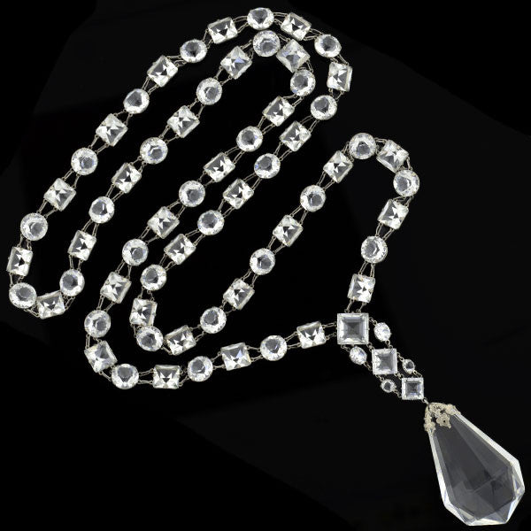 Late Art Deco Sterling Silver Faceted Crystal Necklace 32"