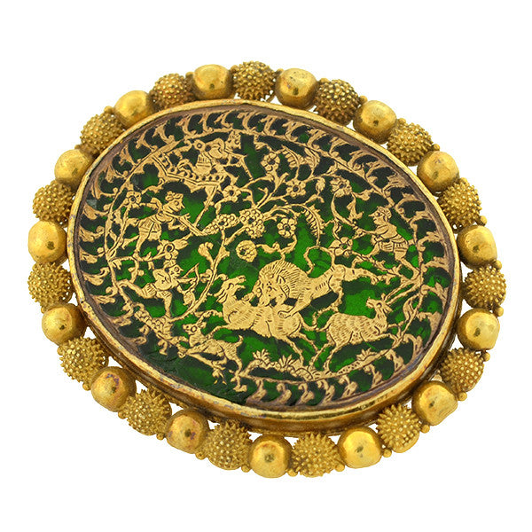 Early Victorian Indian Thewa 23kt Inlaid Gold & Green Glass Pin