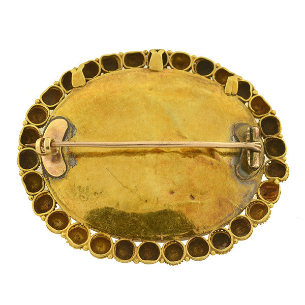 Early Victorian Indian Thewa 23kt Inlaid Gold & Green Glass Pin