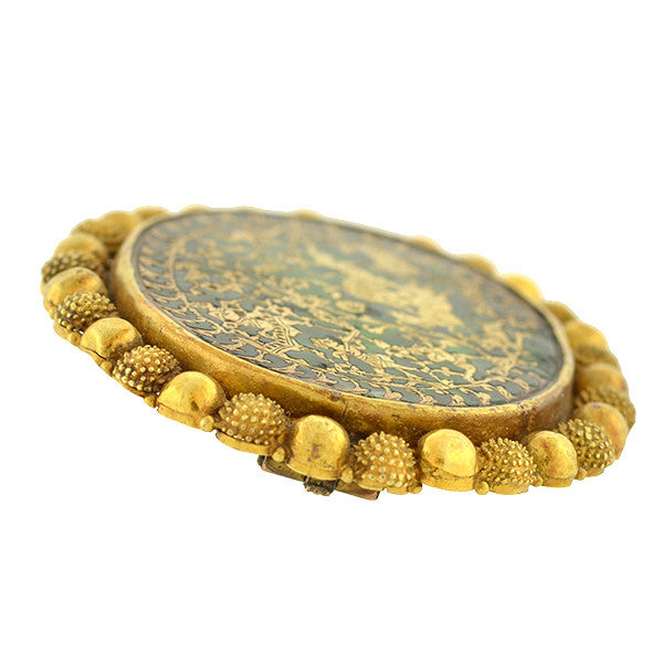 Early Victorian Indian Thewa 23kt Inlaid Gold & Green Glass Pin