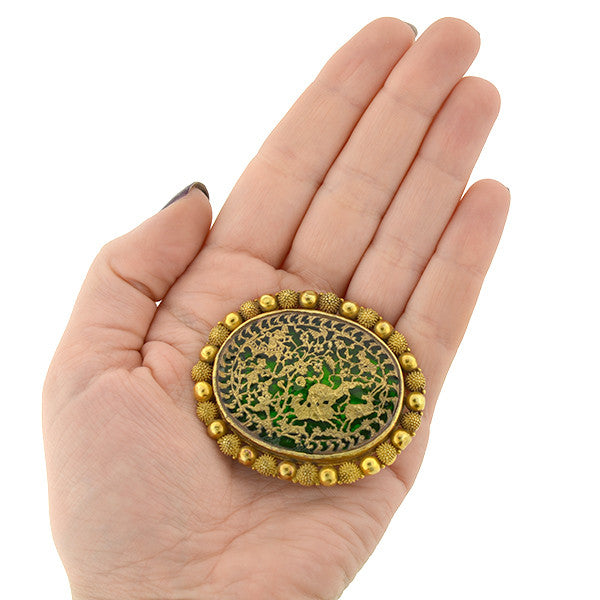 Early Victorian Indian Thewa 23kt Inlaid Gold & Green Glass Pin