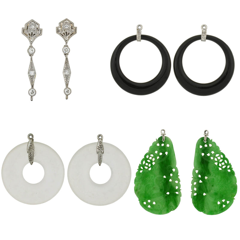 Art Deco Platinum Diamond, Jadeite, Onyx + Rock Crystal Convertible Earrings