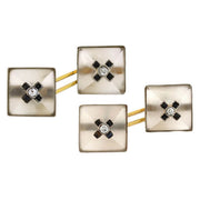 Art Deco 14kt Carved Rock Quartz Crystal, Onyx & Diamond Cufflinks