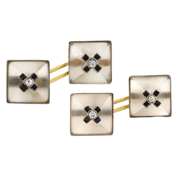Art Deco 14kt Carved Rock Quartz Crystal, Onyx & Diamond Cufflinks