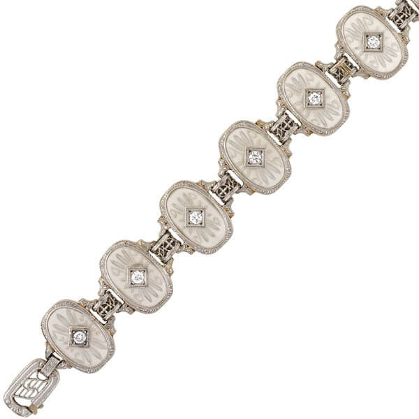 KREMENTZ Art Deco Platinum/14kt Reverse Carved Rock Crystal & Diamond Bracelet