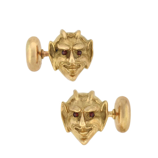 Victorian 14kt Gold 3-Dimensional Ruby Devil Face Cufflinks