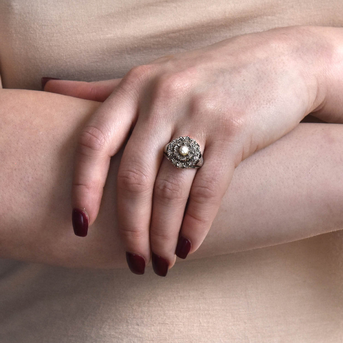Georgian Sterling Rose Cut Diamond + Pearl Double Halo Cluster Ring