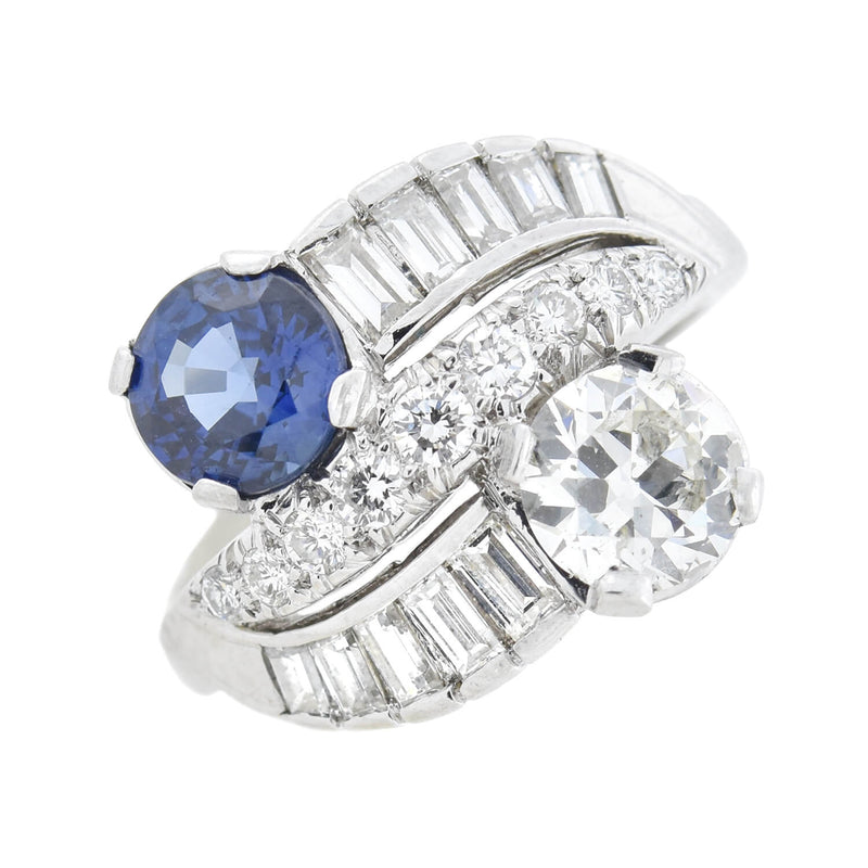 C.D. PEACOCK Art Deco Platinum Diamond + Sapphire Ring