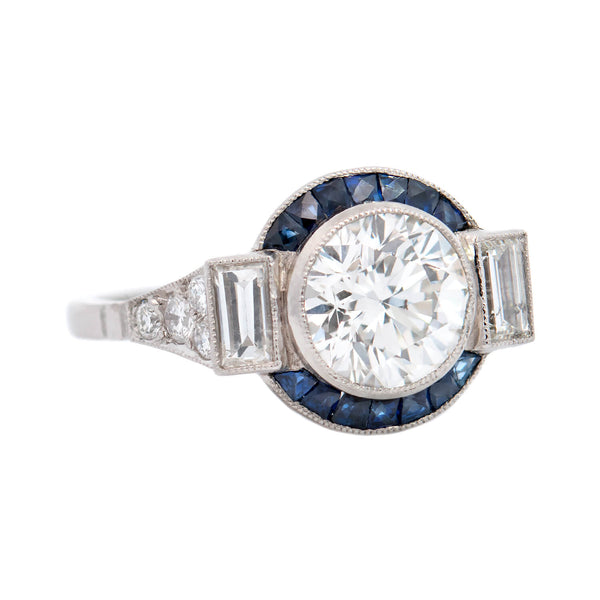 Art Deco Style Platinum Diamond + Sapphire Engagement Ring 1.74ct center