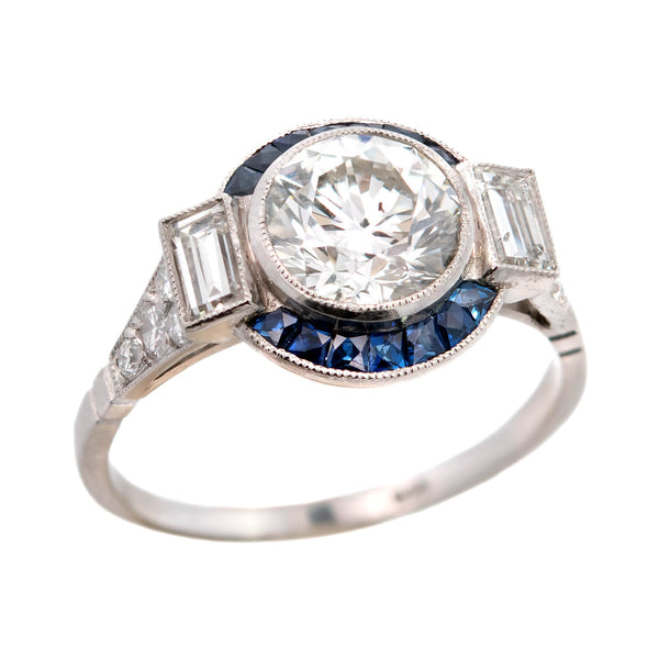 Art Deco Style Platinum Diamond + Sapphire Engagement Ring 1.74ct center