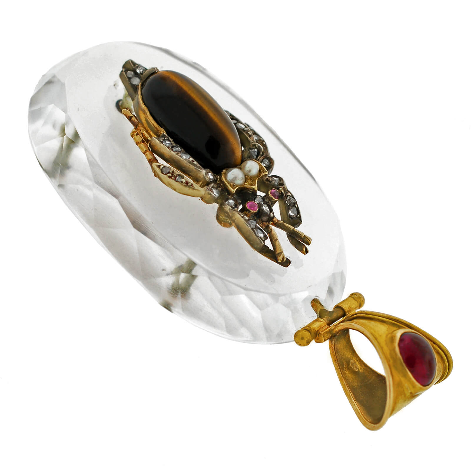 Victorian Large 18kt Rock Crystal, Diamond, Garnet + Tiger Eye Bug Pendant