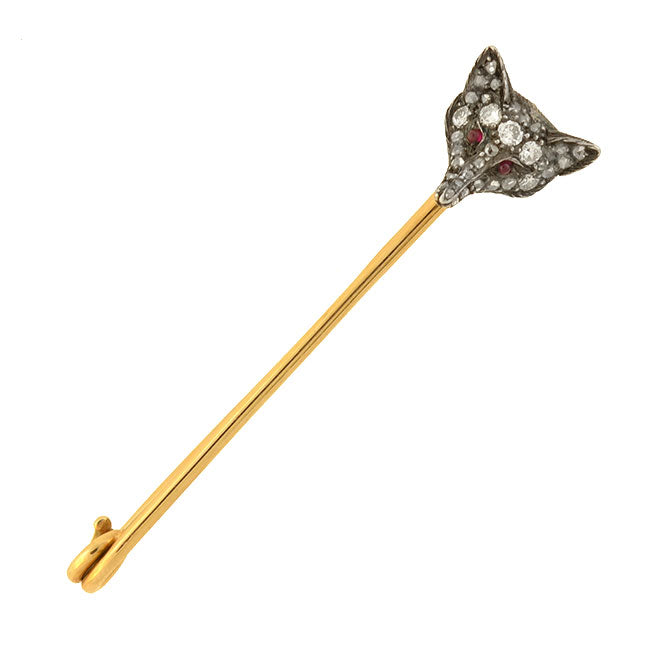 Victorian Sterling/14kt Diamond + Ruby Fox Safety Pin