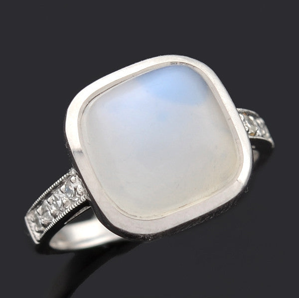 Art Deco 14k Moonstone & Diamond Ring