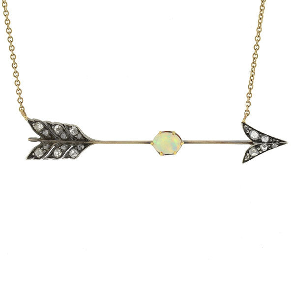 Art Nouveau Sterling 14kt Diamond & Opal Arrow Necklace