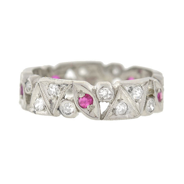 Art Deco Platinum Diamond & Ruby Cutout Band