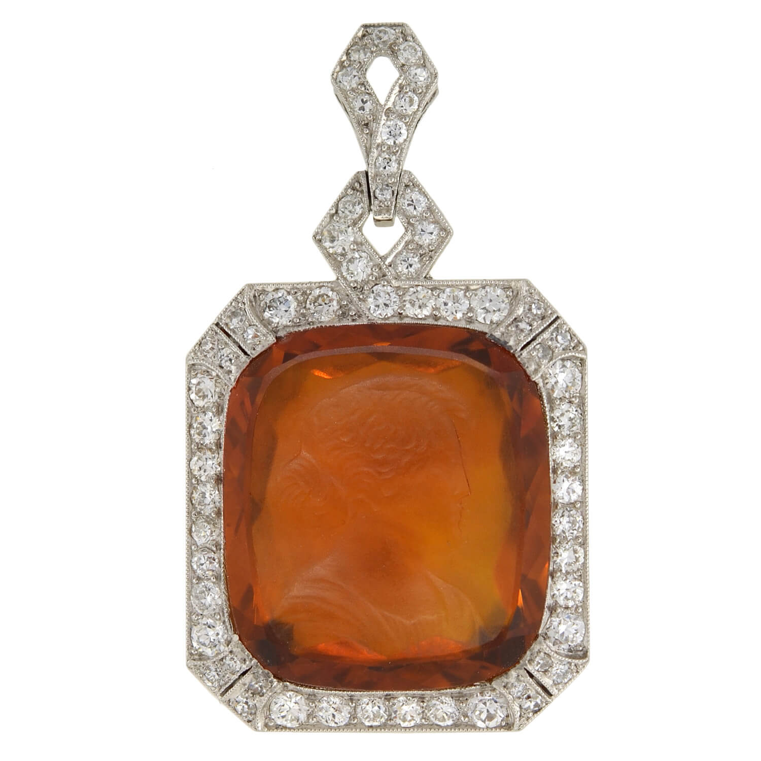 Art Deco Platinum Carved Citrine Cameo + Diamond Pendant