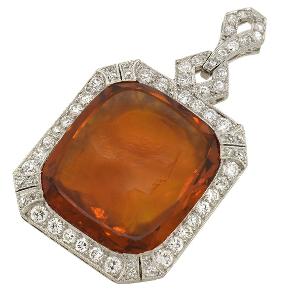 Art Deco Platinum Carved Citrine Cameo + Diamond Pendant