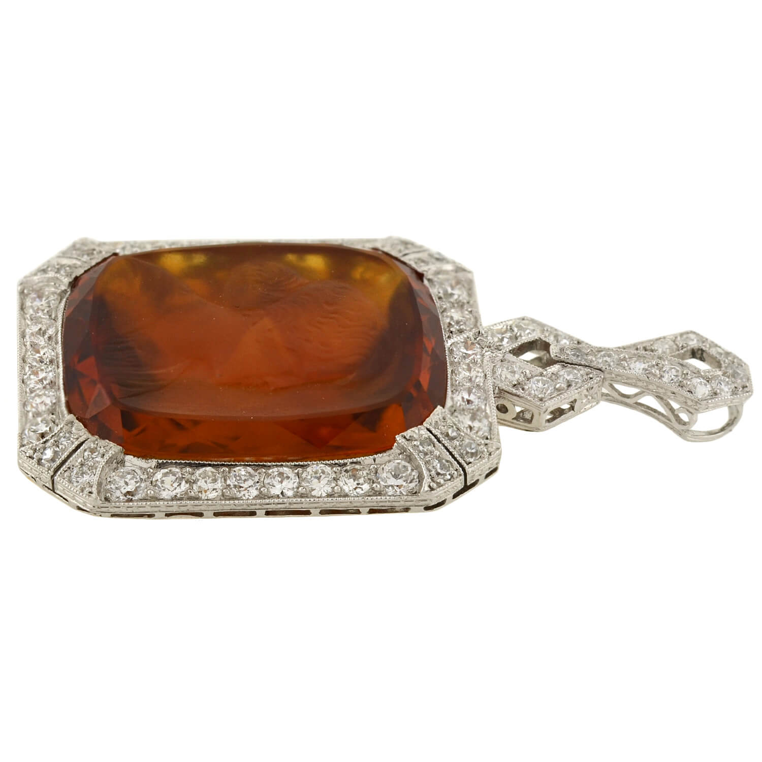 Art Deco Platinum Carved Citrine Cameo + Diamond Pendant