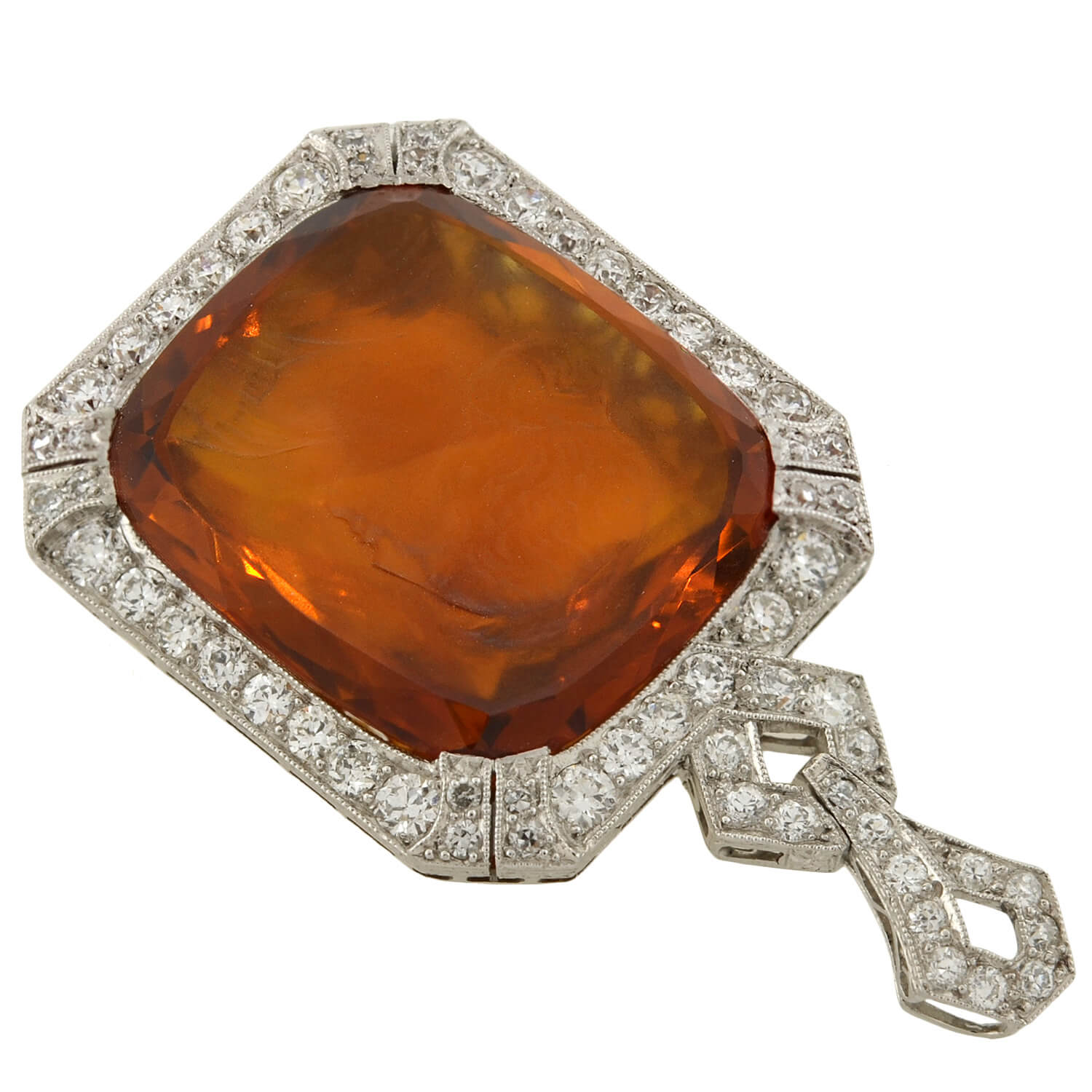 Art Deco Platinum Carved Citrine Cameo + Diamond Pendant