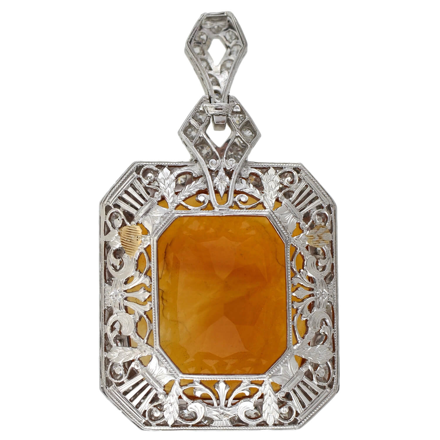 Art Deco Platinum Carved Citrine Cameo + Diamond Pendant