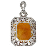 Art Deco Platinum Carved Citrine Cameo + Diamond Pendant