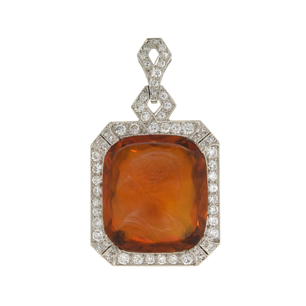 Art Deco Platinum Carved Citrine Cameo + Diamond Pendant