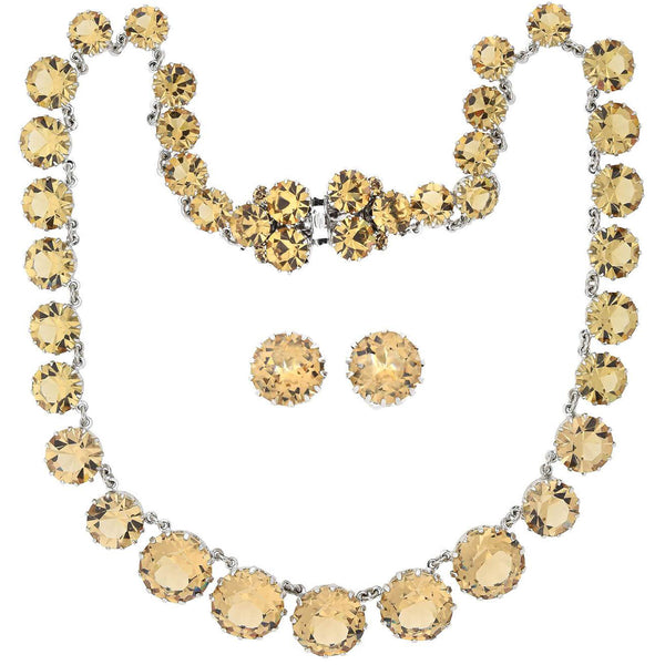 CHRISTIAN DIOR Vintage Champagne Crystal Riviera Necklace + Clip-On Earring Set