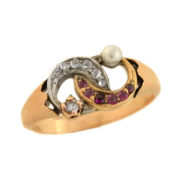 Victorian 14kt Diamond, Pearl + Ruby Double Crescent Ring