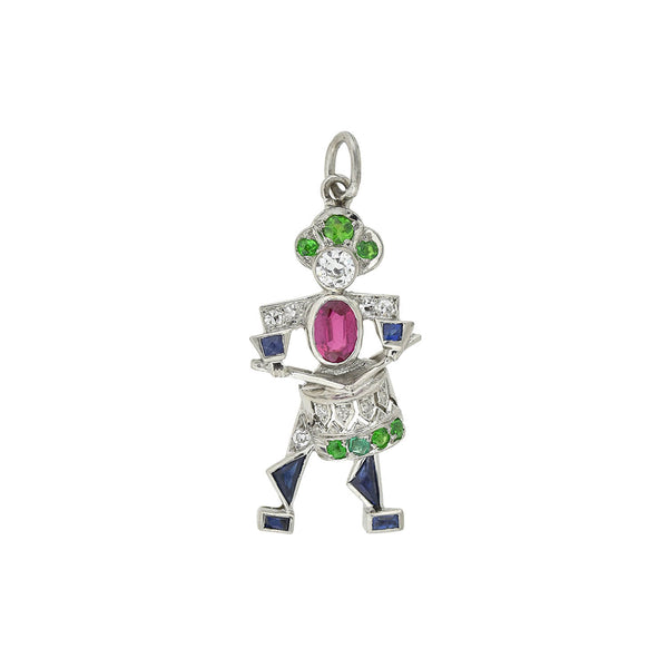 Art Deco Platinum Diamond, Emerald, Ruby + Sapphire Drummer Boy Charm/Pendant