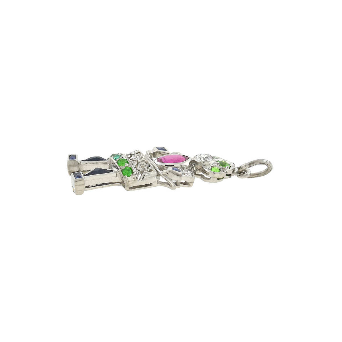 Art Deco Platinum Diamond, Emerald, Ruby + Sapphire Drummer Boy Charm/Pendant