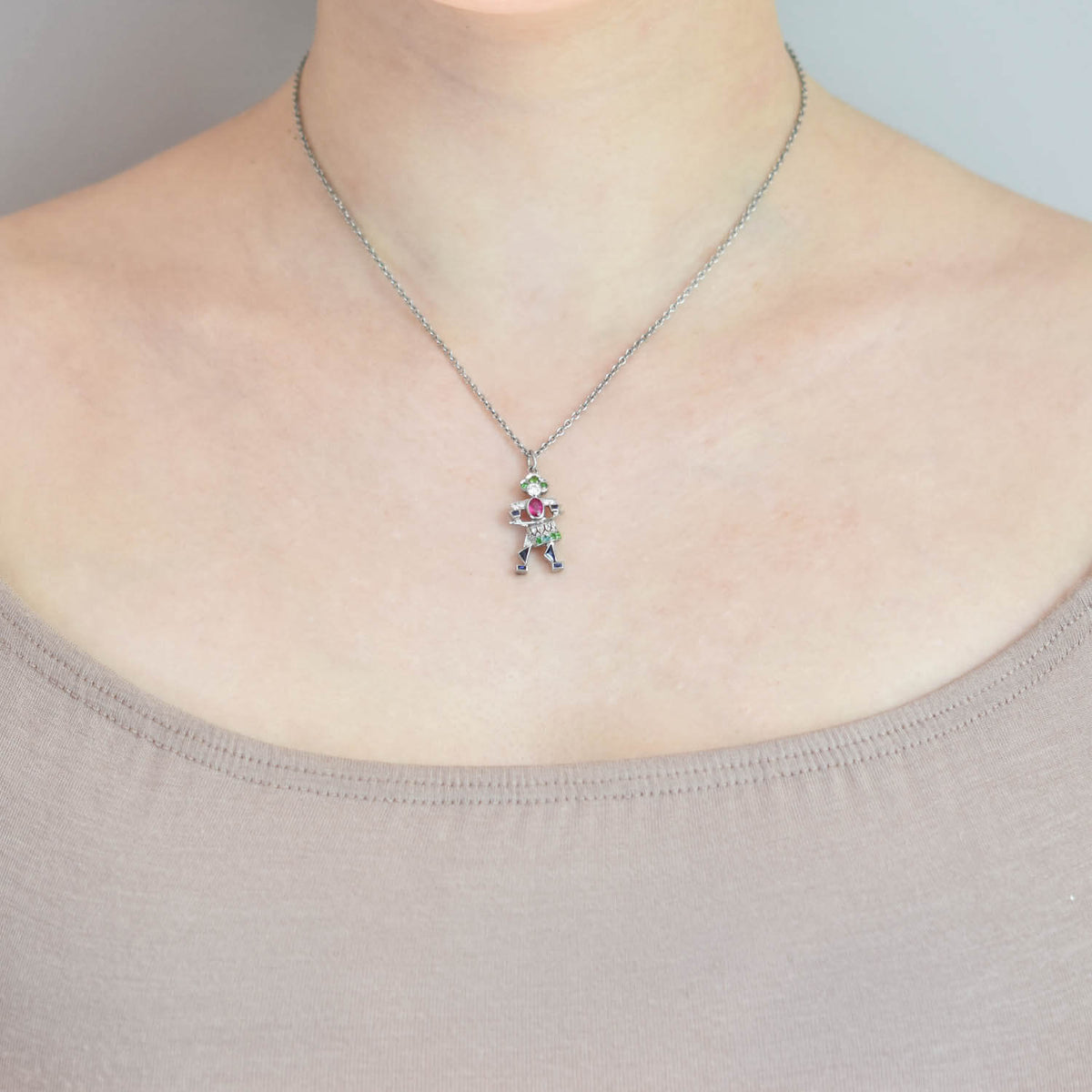 Art Deco Platinum Diamond, Emerald, Ruby + Sapphire Drummer Boy Charm/Pendant