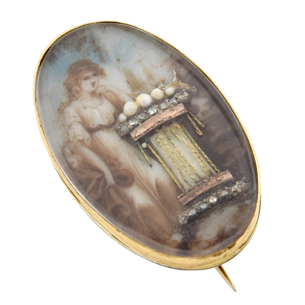 Early Victorian Hand Painted Porcelain, Pearl + Diamond Mourning Pin