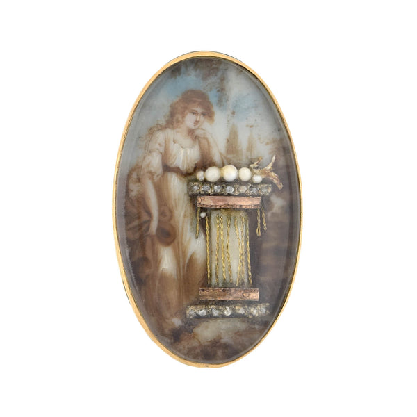 Early Victorian Hand Painted Porcelain, Pearl + Diamond Mourning Pin