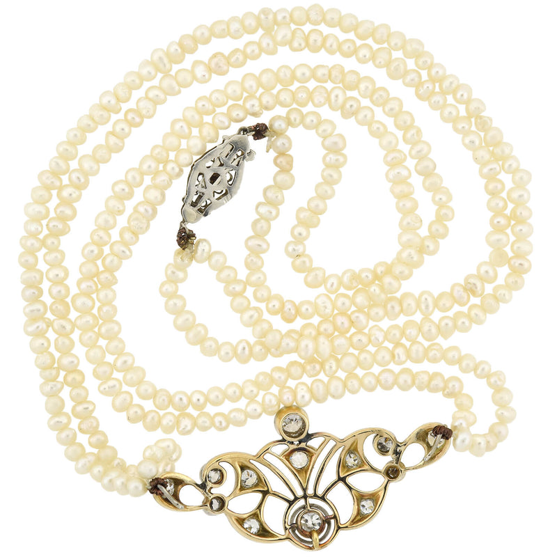 Edwardian 14kt/Platinum Seed Pearl + Diamond Centerpiece Necklace