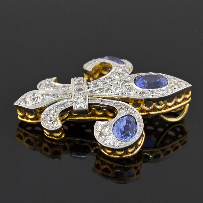 Edwardian 18kt/Platinum Natural Ceylon Sapphire + Diamond Fleur-de-Lys Pendant