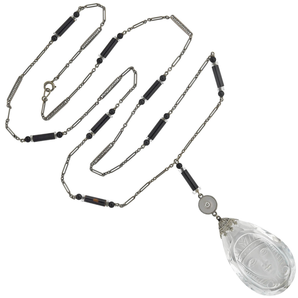 Art Deco Egyptian Revival Rock Crystal, Onyx + Diamond Necklace and Earring Set