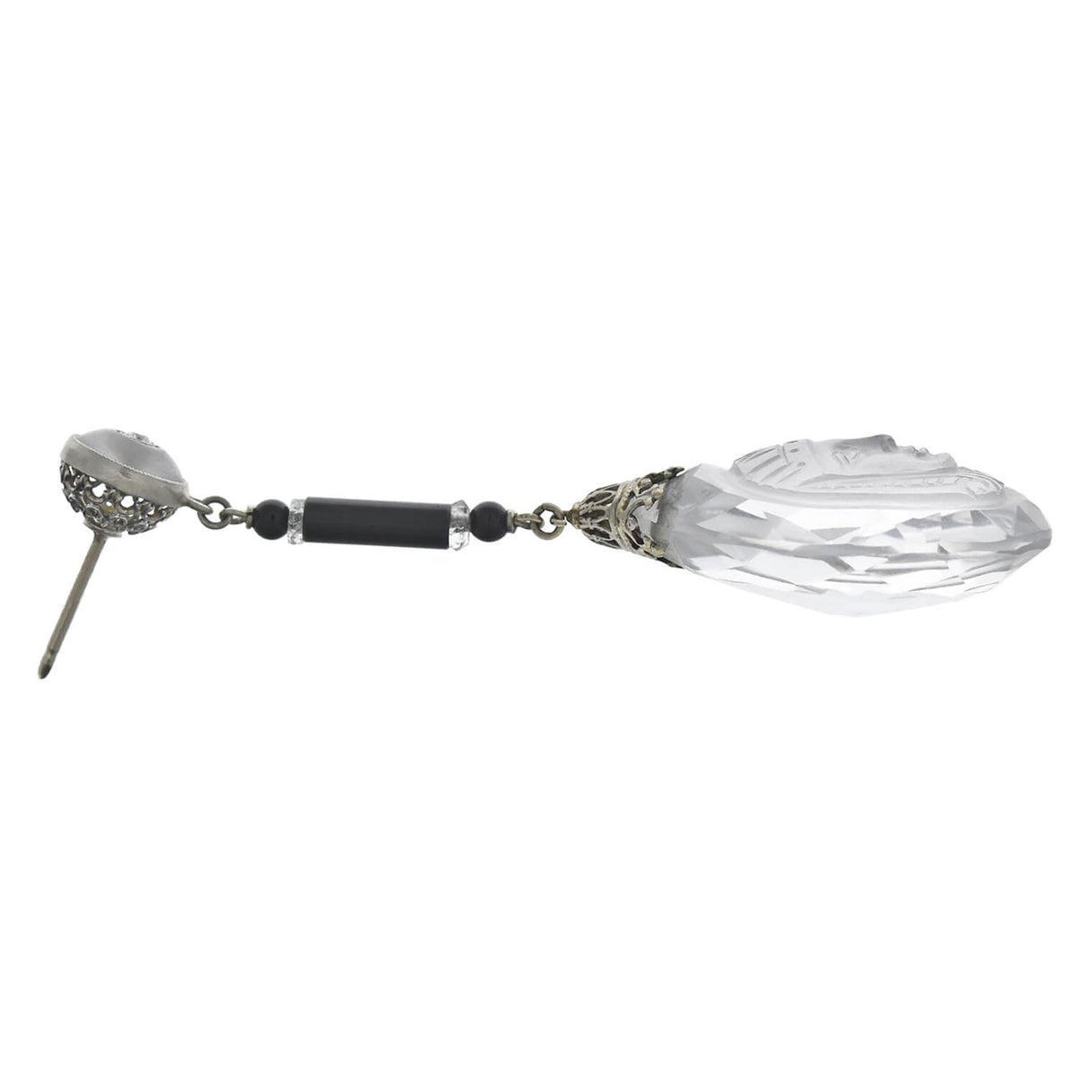 Art Deco Egyptian Revival Rock Crystal, Onyx + Diamond Necklace and Earring Set