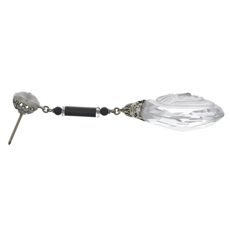 Art Deco Egyptian Revival Rock Crystal, Onyx + Diamond Necklace and Earring Set