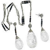 Art Deco Egyptian Revival Rock Crystal, Onyx + Diamond Necklace and Earring Set