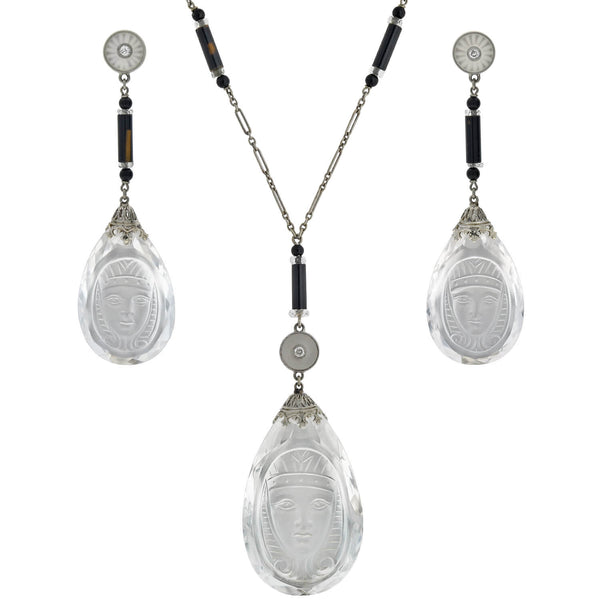 Art Deco Egyptian Revival Rock Crystal, Onyx + Diamond Necklace and Earring Set