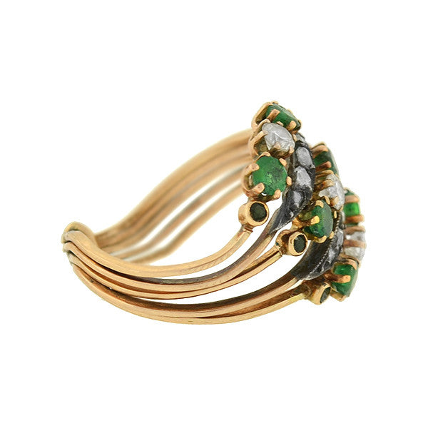 Late Victorian 14kt Emerald & Diamond Curvy Harem Ring