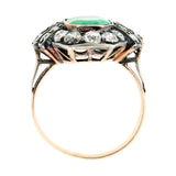 Victorian 15k + Sterling 3.50ctw Emerald + Diamond Cluster Ring