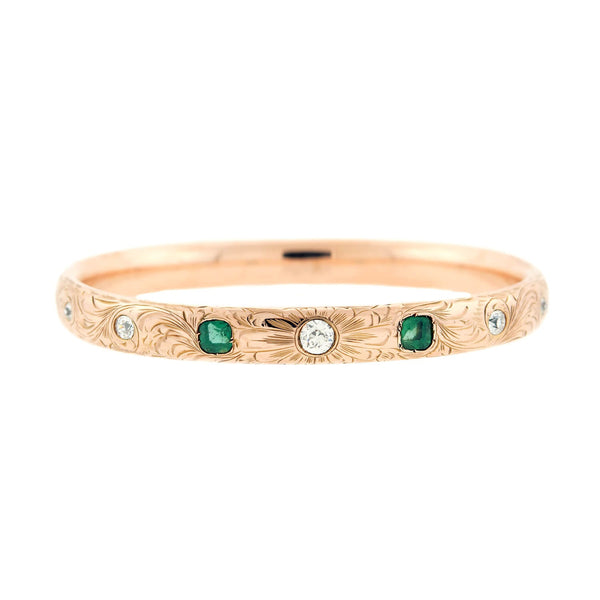 Late Victorian 14k Diamond + Emerald Etched Bangle Bracelet