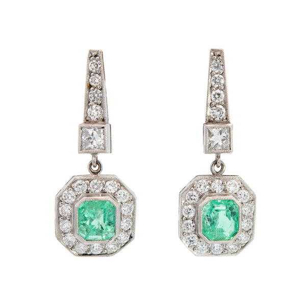Art Deco Platinum 1.65ctw Emerald + Diamond Drop Earrings